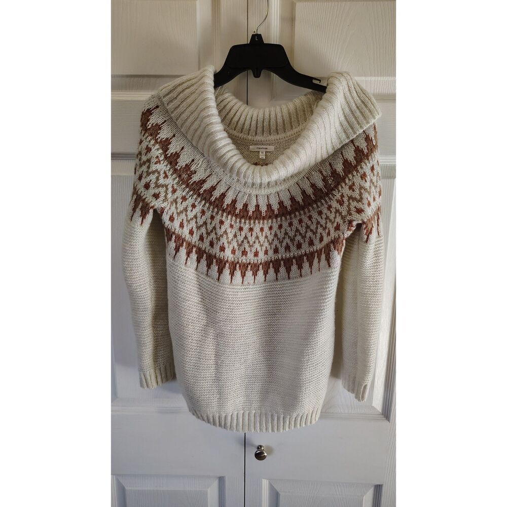 Maurices Fair Isle Cowl Neck Pullover Sweater Cream & Copper Marilyn Neck Medium